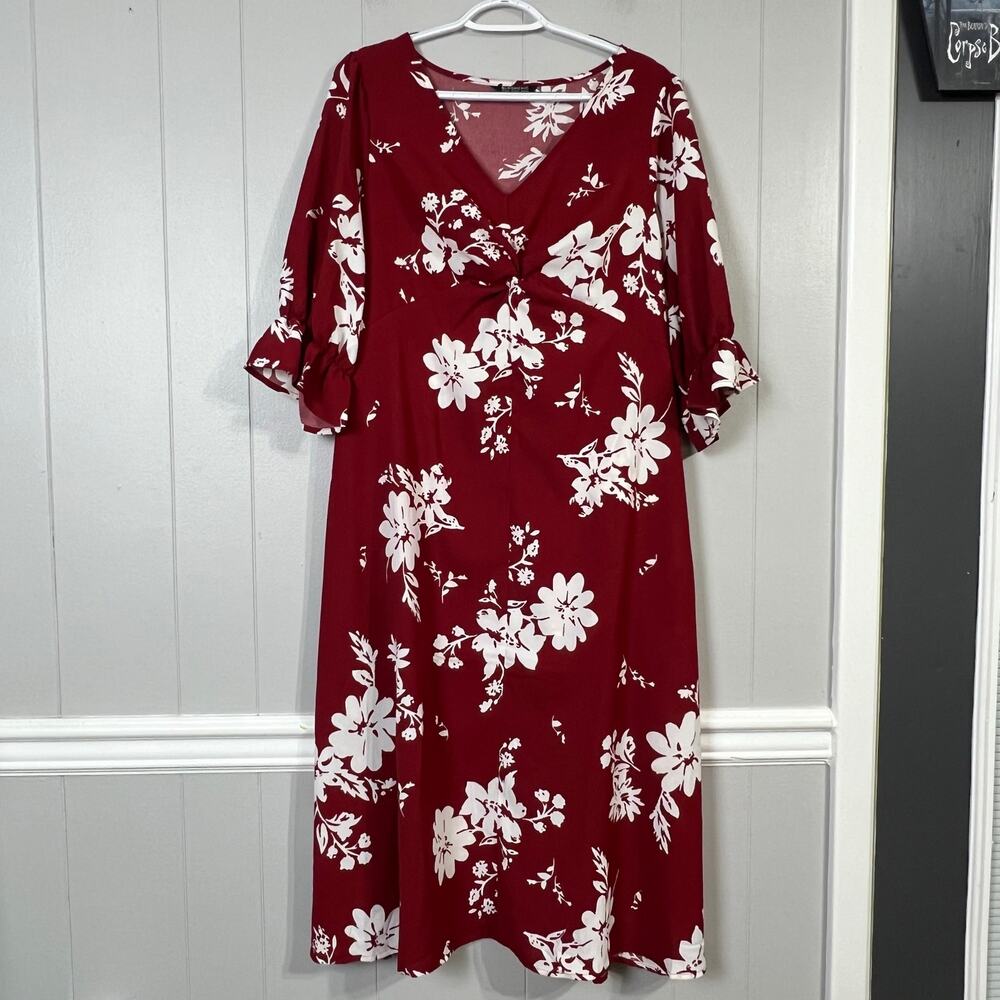 BloomChic Floral Midi Dress 14/16 Red White V Neck Twist Front